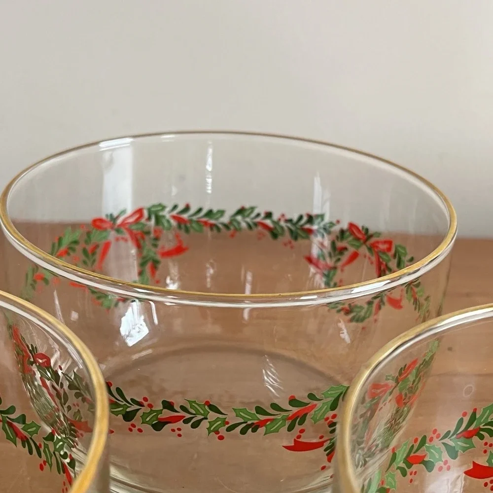 Libbey Clear Glass Christmas Holly Wreath Gold Rimmed Bowl Vintage Set Of‎ 3